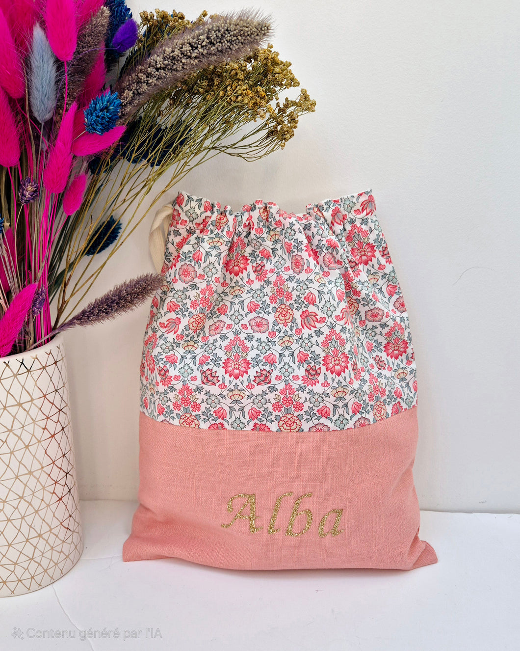 Sac à doudou vieux rose et Liberty personnalisable